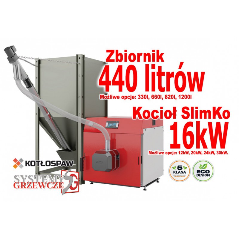 Kocioł na pellet SlimKo 16 kW + zasobnik 440 litrów - Kotłospaw, 5 klasa, ecodesign